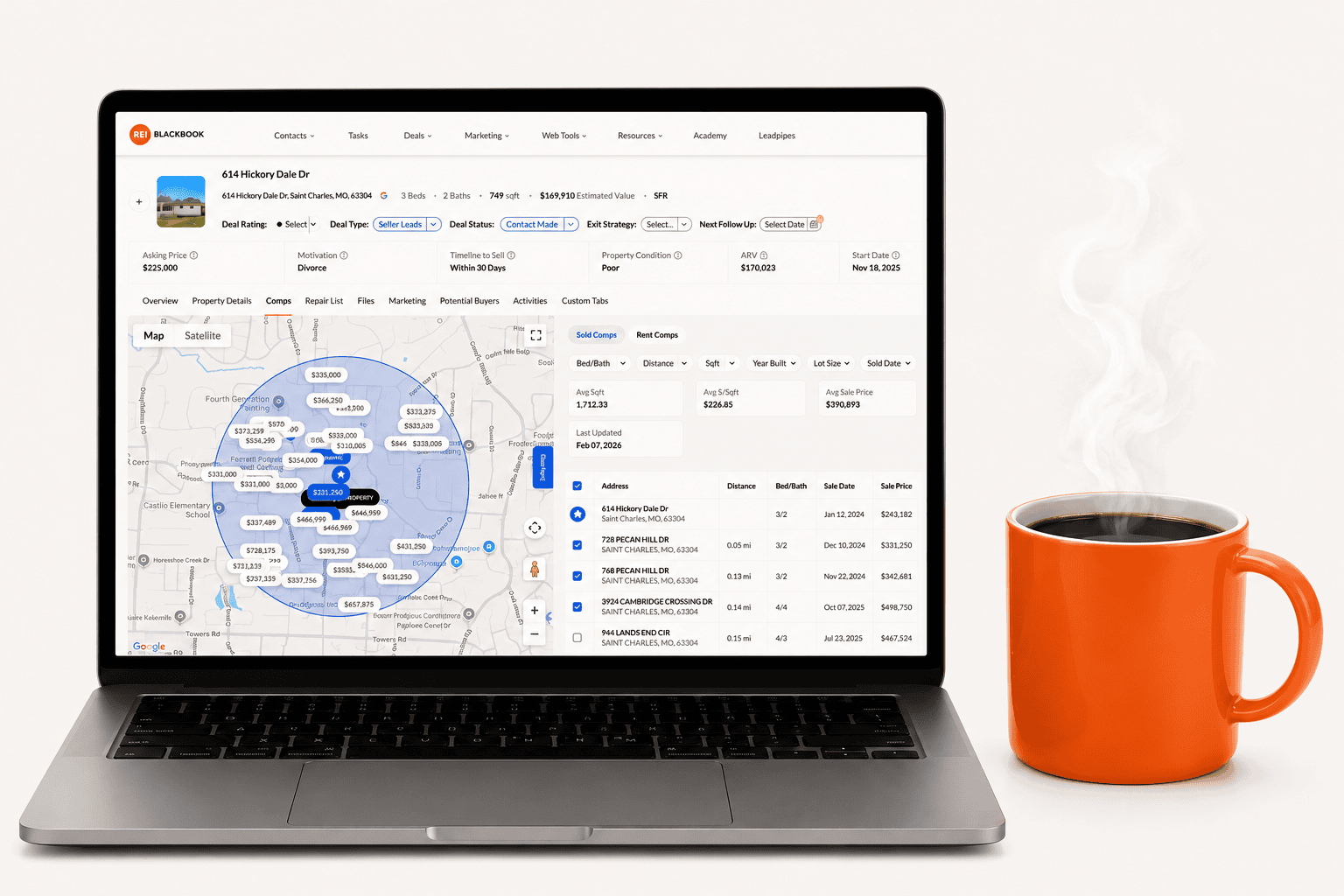 REI BlackBook deal dashboard on a laptop next to a coffee mug