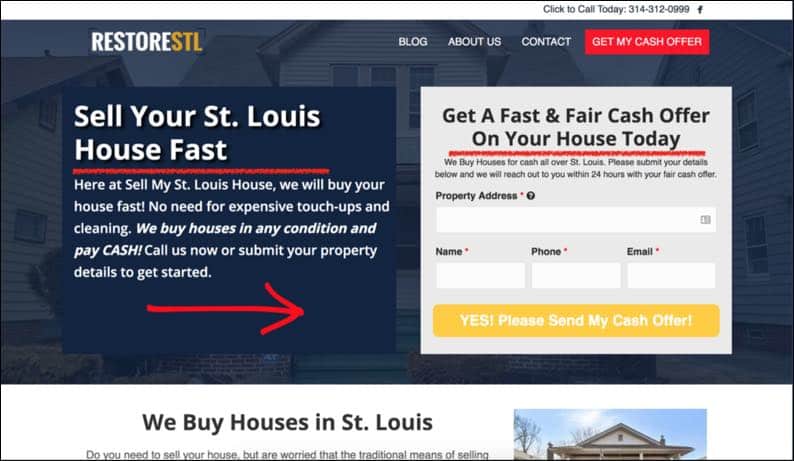 Website for real estate investors example of clear offer