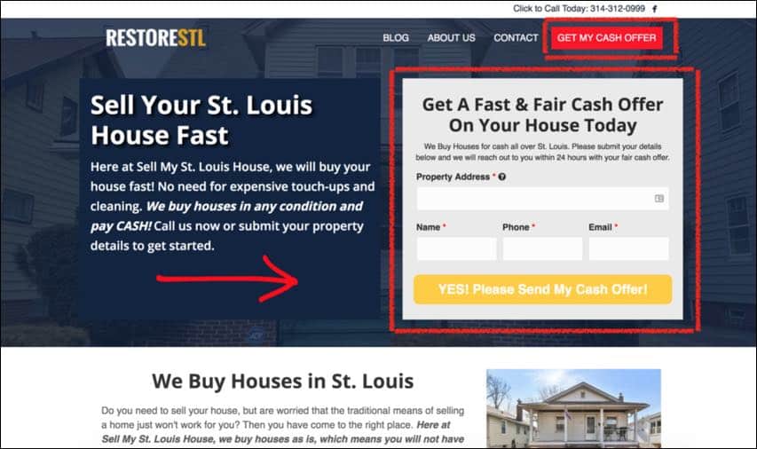 Website for real estate investors CTA above fold example