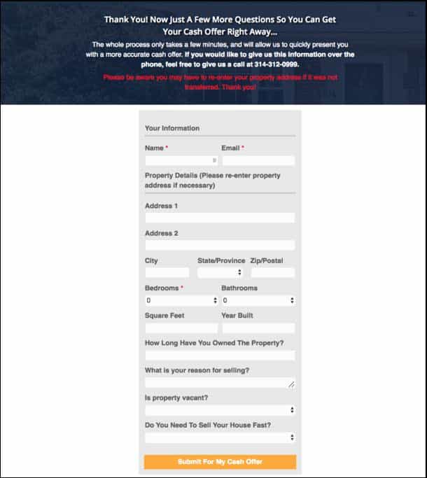 website for real estate investors web form thank you page example