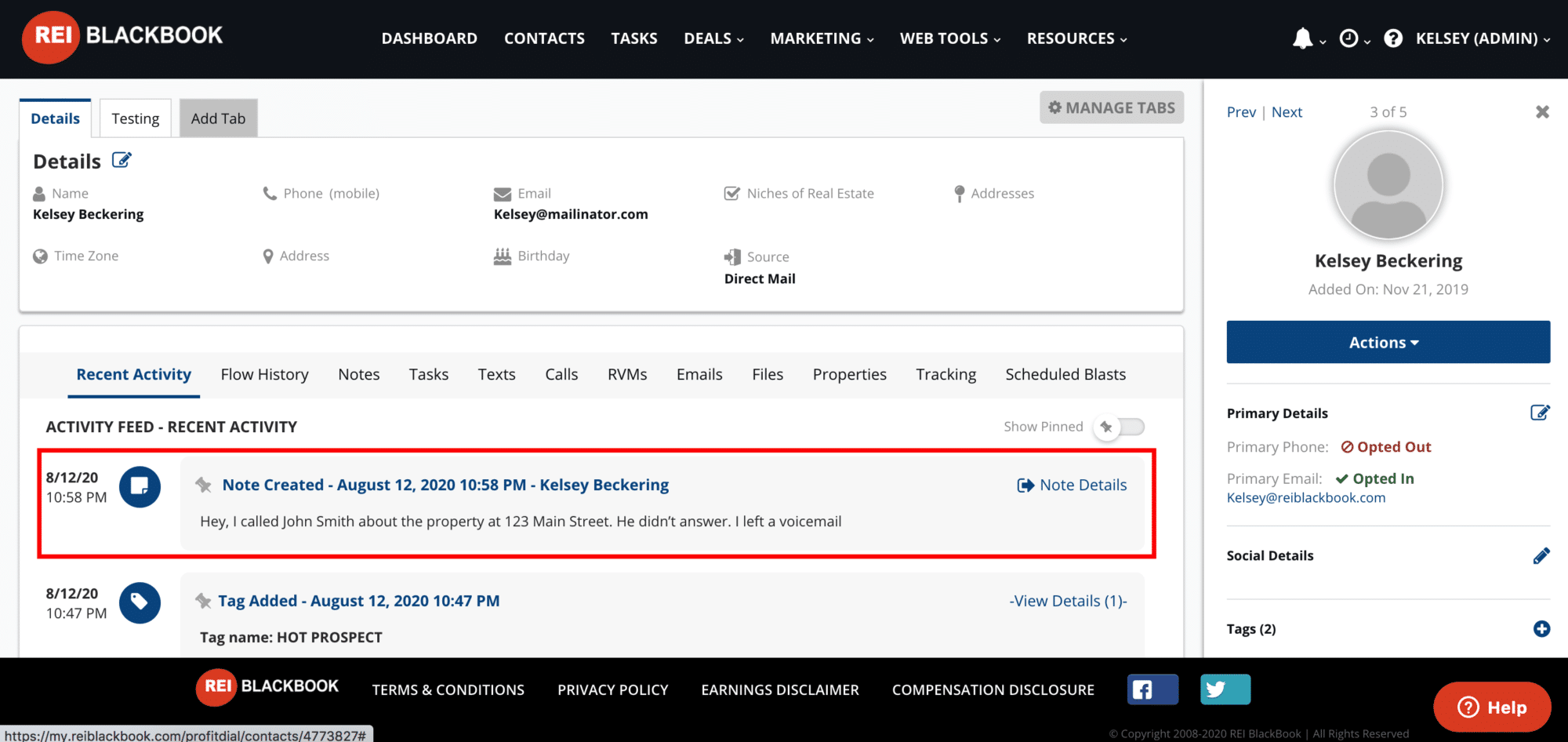 Screenshot of REI BlackBook's lead management CRM contact record to display the detailed note that can be added to a contact record. 