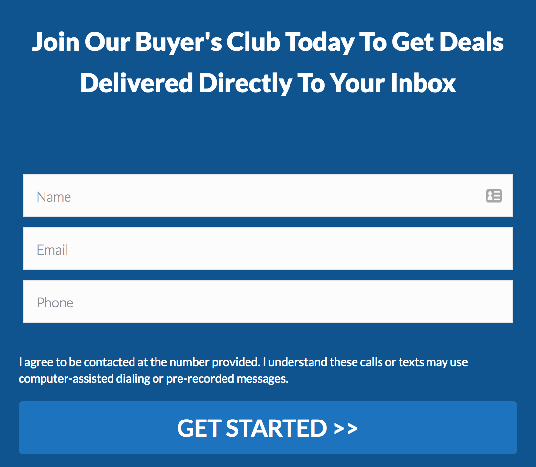 Pictured is an REI BlackBook web form designed to capture cash buyer information. Again the disclaimer is added so ringless voicemails can be sent. 