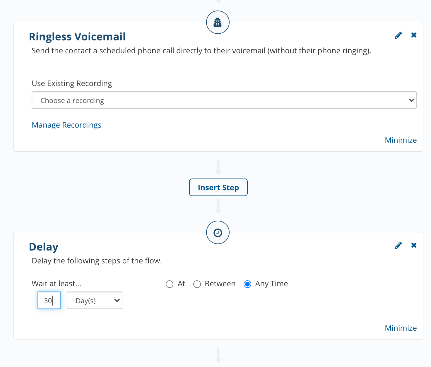 Two different modules you can use in the REI BlackBook workflow builder. The two modules pictured are ringless voicemail and delay. 