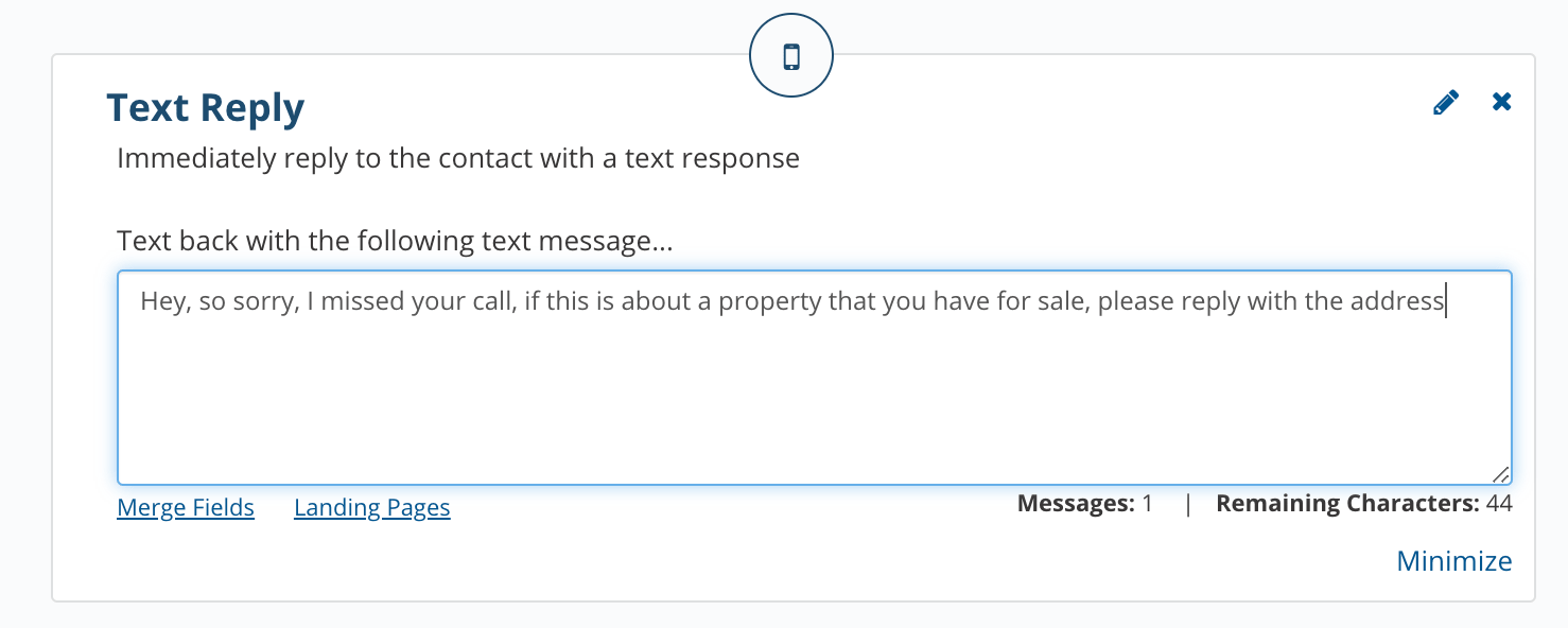 Text message module used in a callflow in your real estate investor marketing