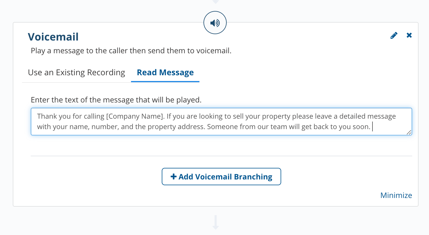 Voicemail module of the callflow builder that can be used in a callflow inside your REI BlackBook account. 