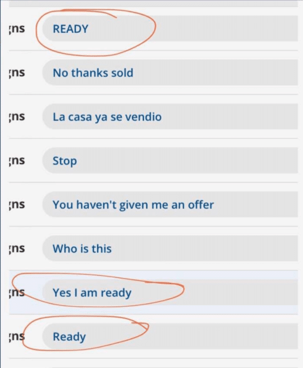 text message example using keywords to indicate the lead is ready to sell their property. 