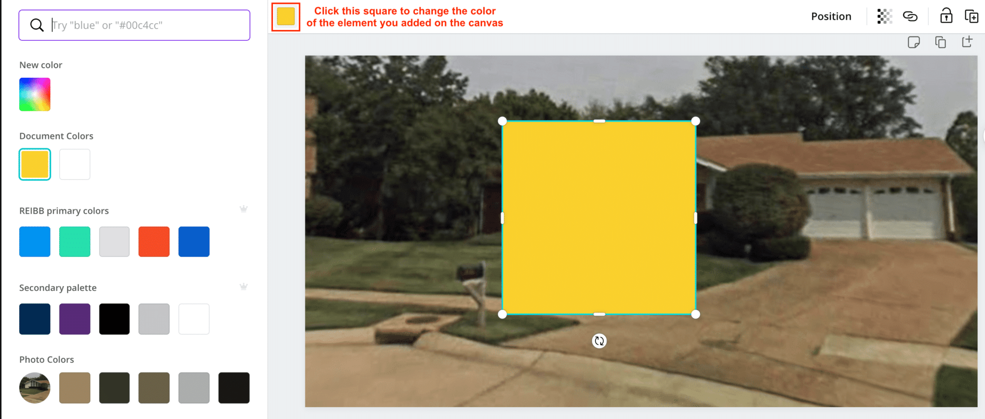 Screenshot of how to change the color of the element that's been added to the canvas in canva. 