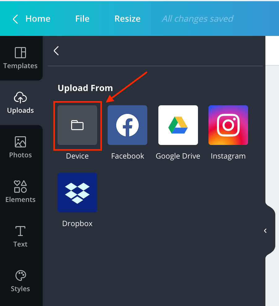 Screenshot of how to upload media from your device in Canva