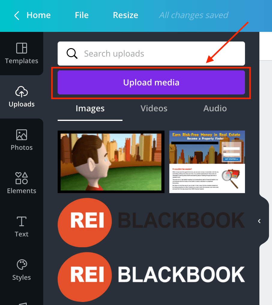 Screenshot of how to upload media in Canva. 
