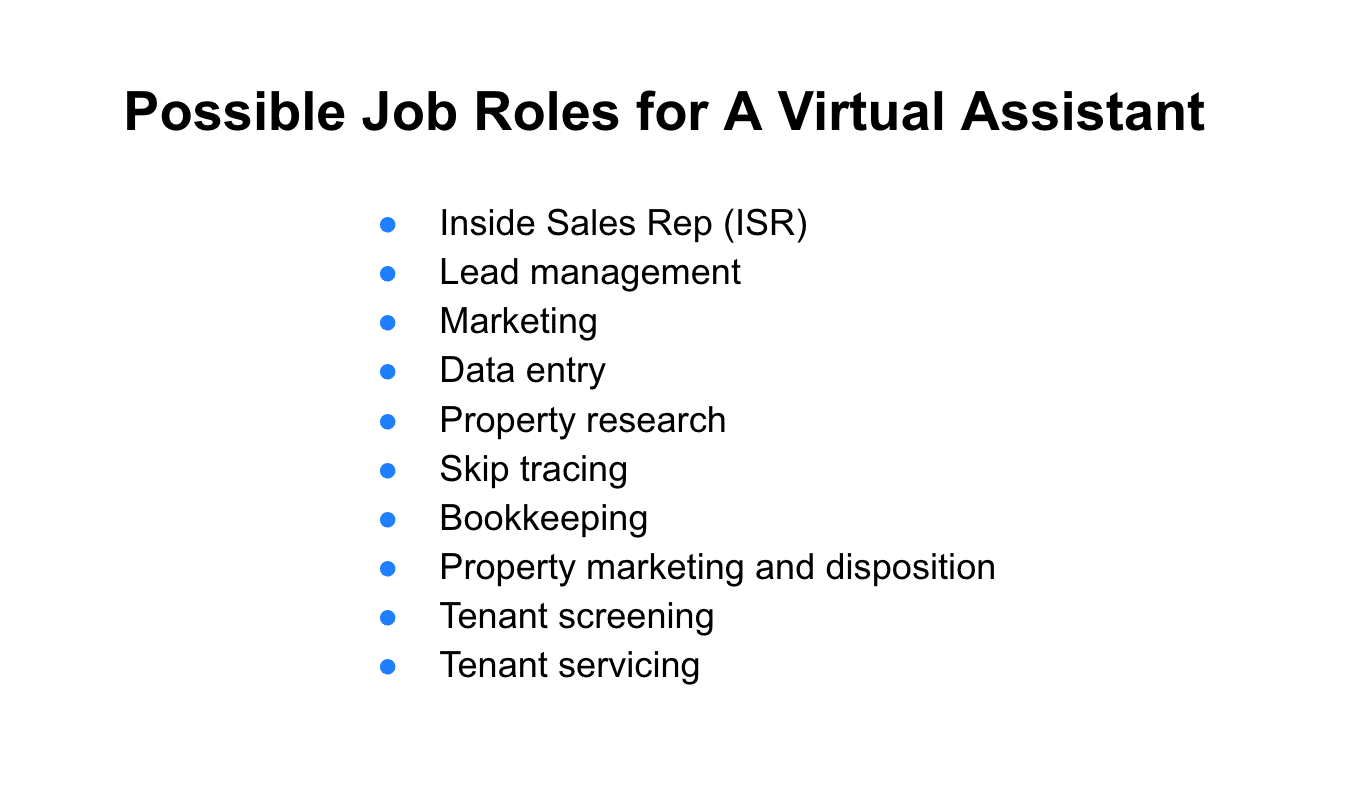List of possible job roles for a virtual assistant for real estate investors