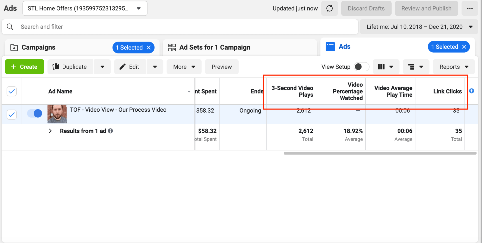 Screenshot of default Facebook Ads tracking view.