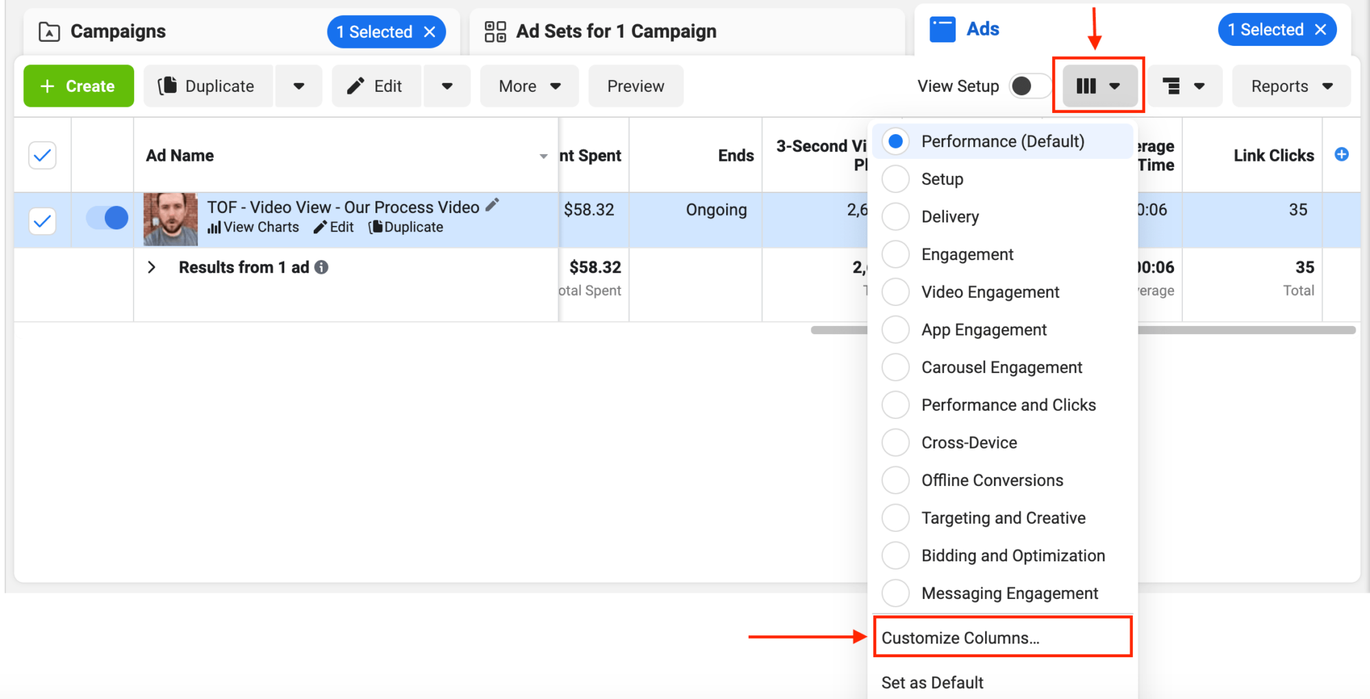 Select "Customize Columns" from the Columns dropdown menu.