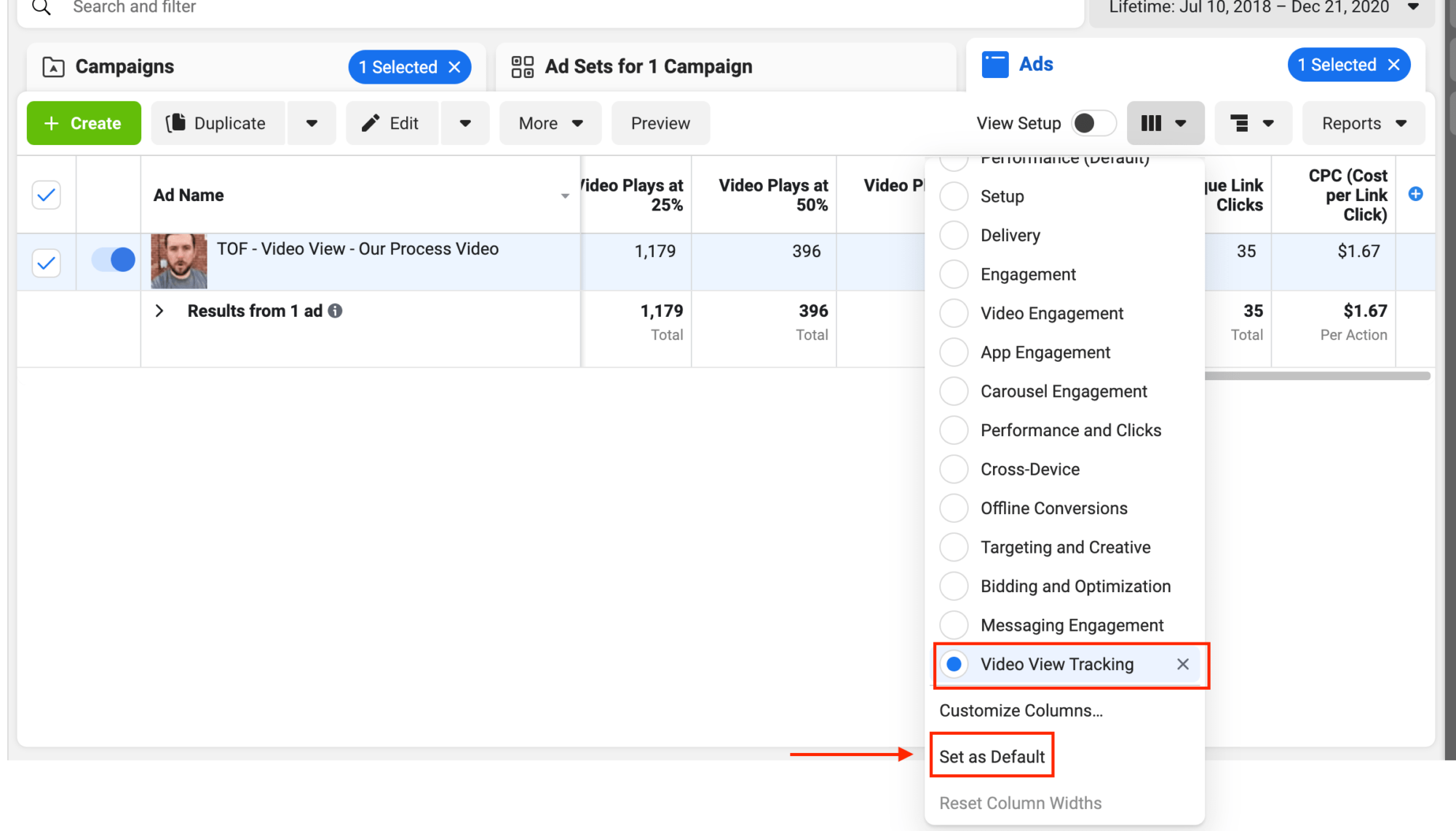 You can set your custom view as the default view when reviewing your ad metrics.