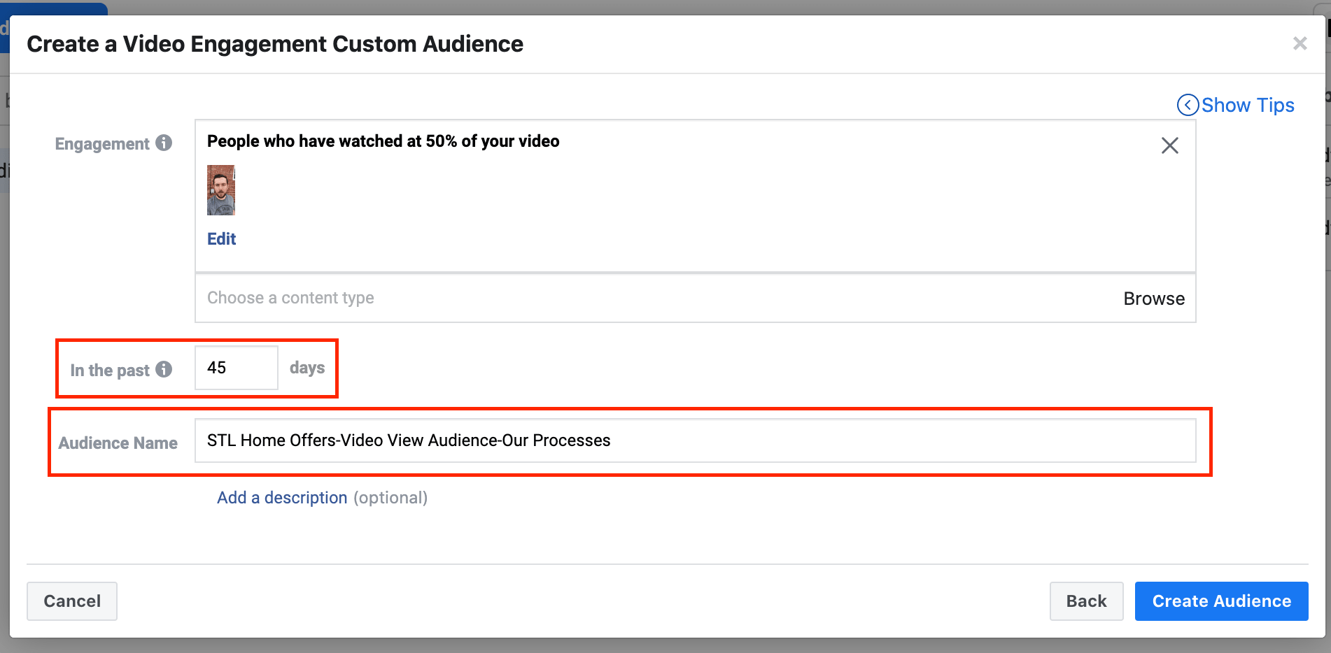Screenshot showing Facebook custom audience creation process.
