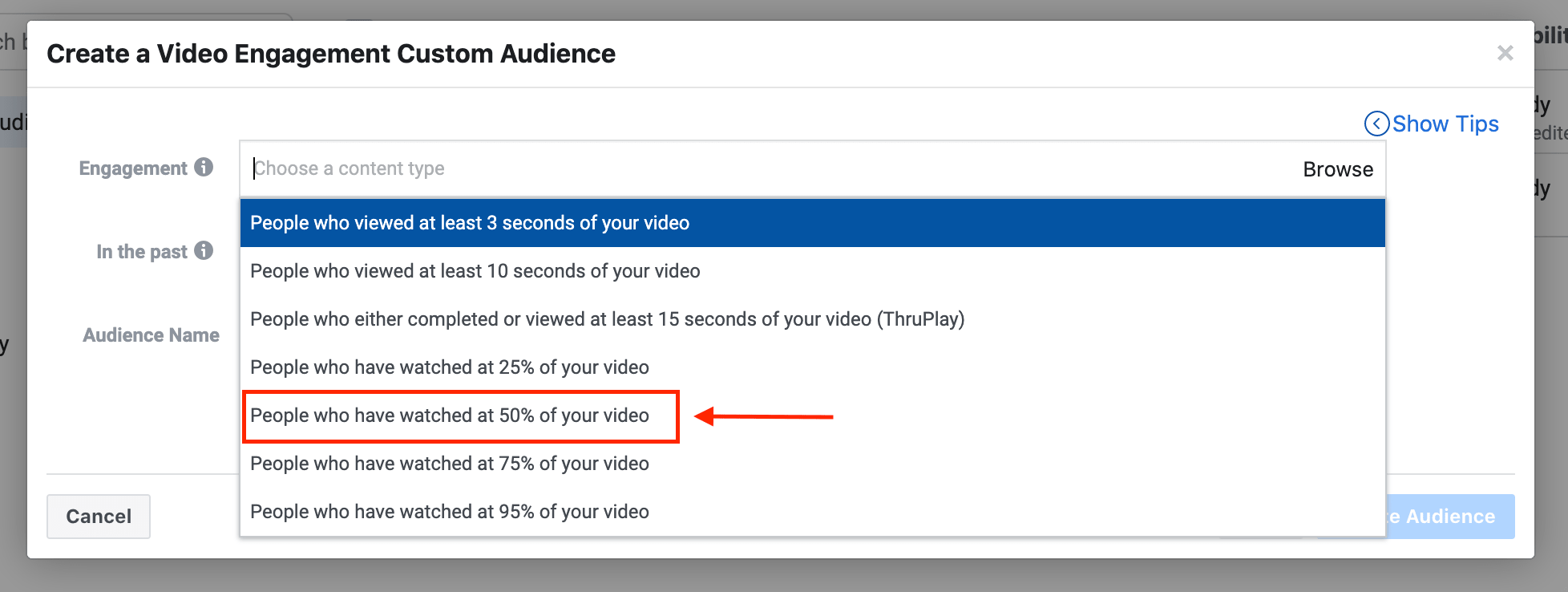Screenshot showing how to create a custom audience in Facebook based on video views.