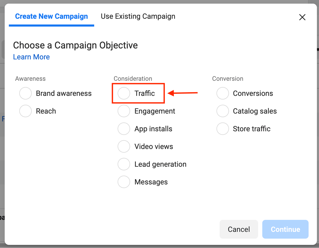 Screenshot showing Facebook Ad Campaign Objective.