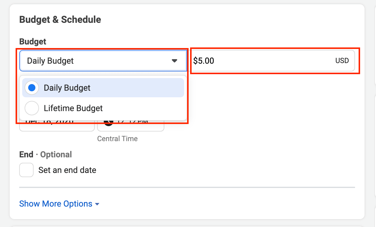 Screenshot of daily budget selection inside Facebook Ads Manager.