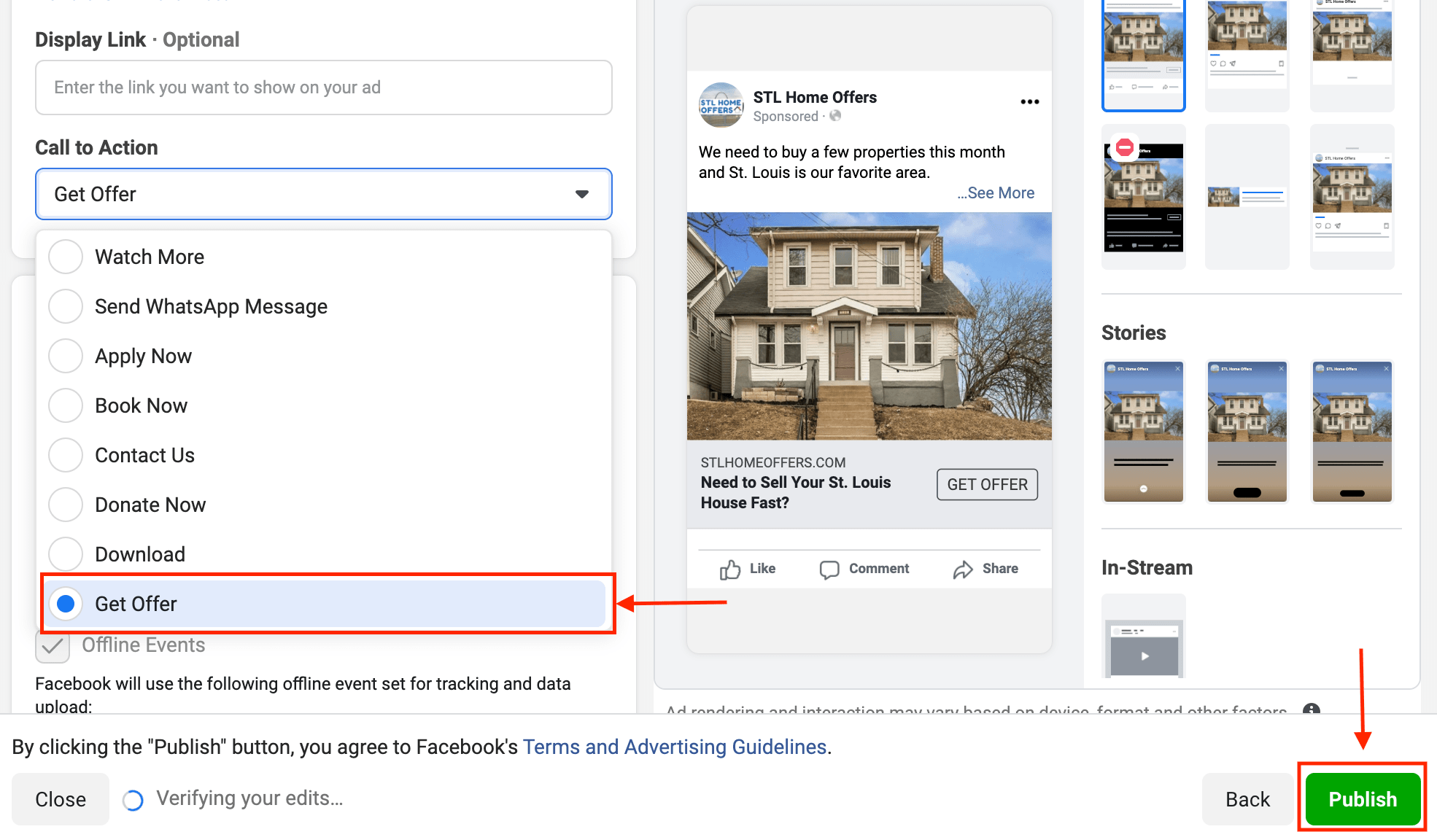 Dropdown menu for CTA for Facebook Ad