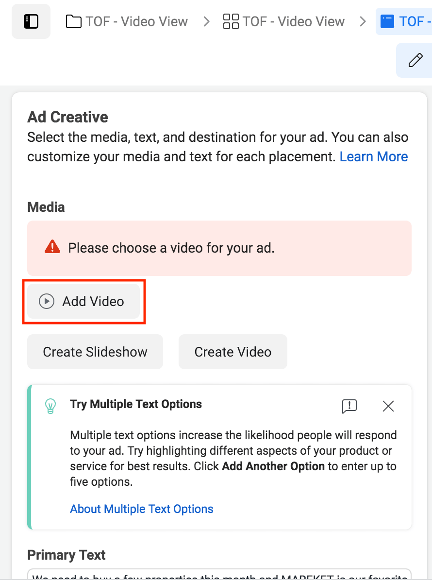 Screenshot of where to add a video to your ad. 