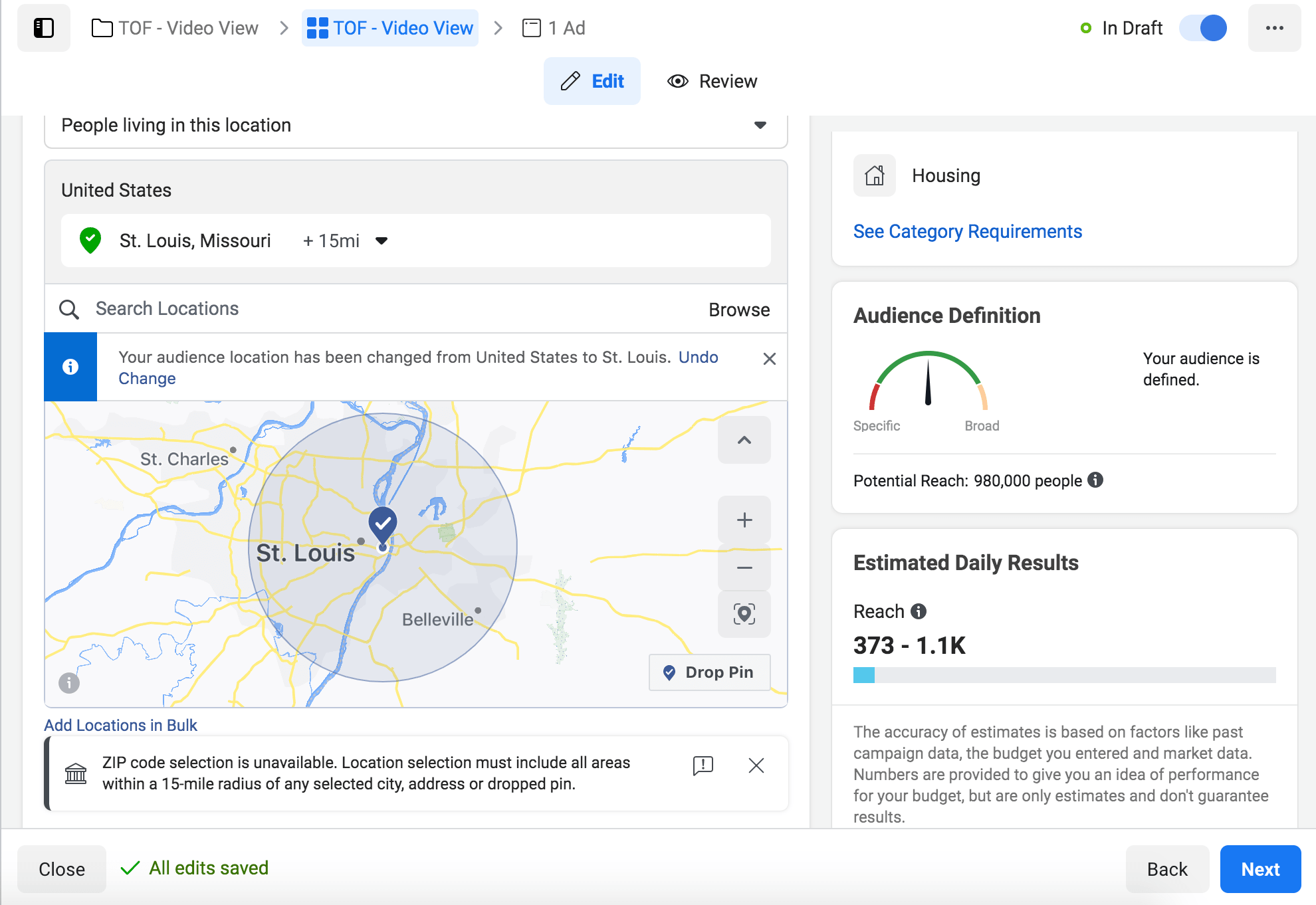 screenshot of how to use location to select your audience. 