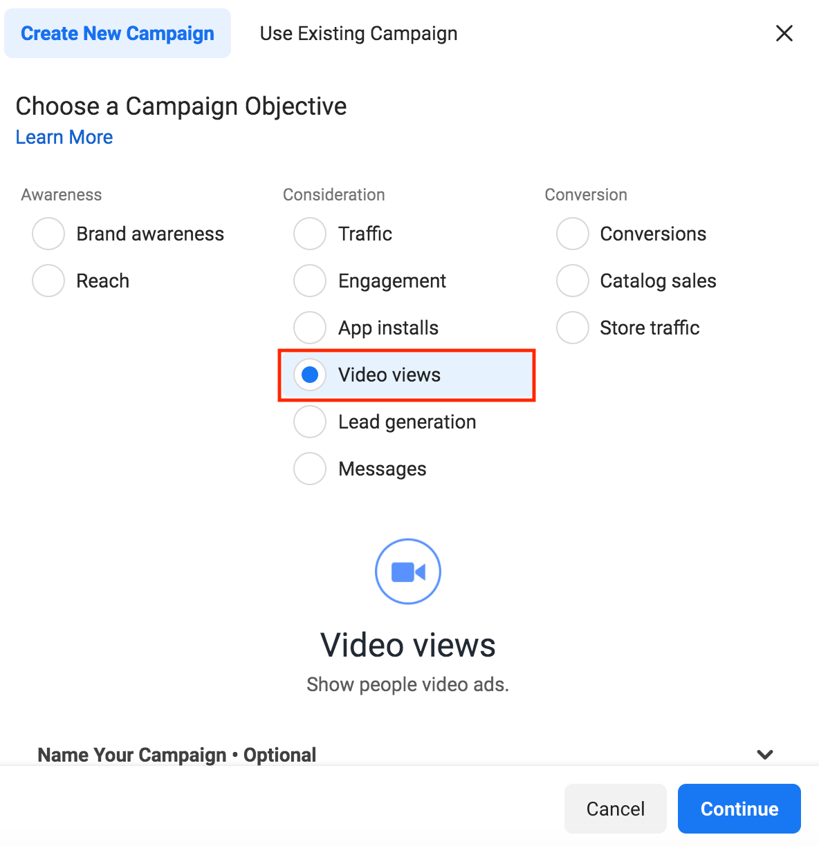 select video views as the campaign objective for your facebook video view ad. 