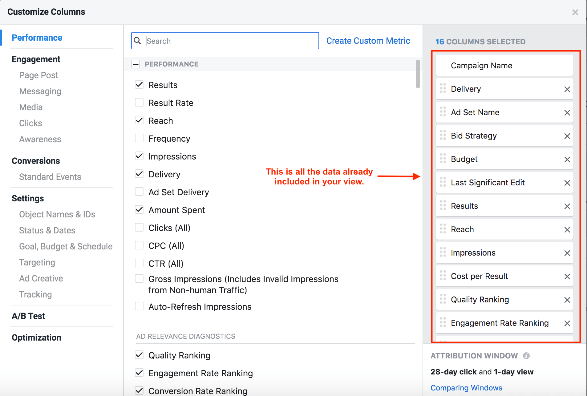 the different data Facebook provides and what data is already included in your current view. 