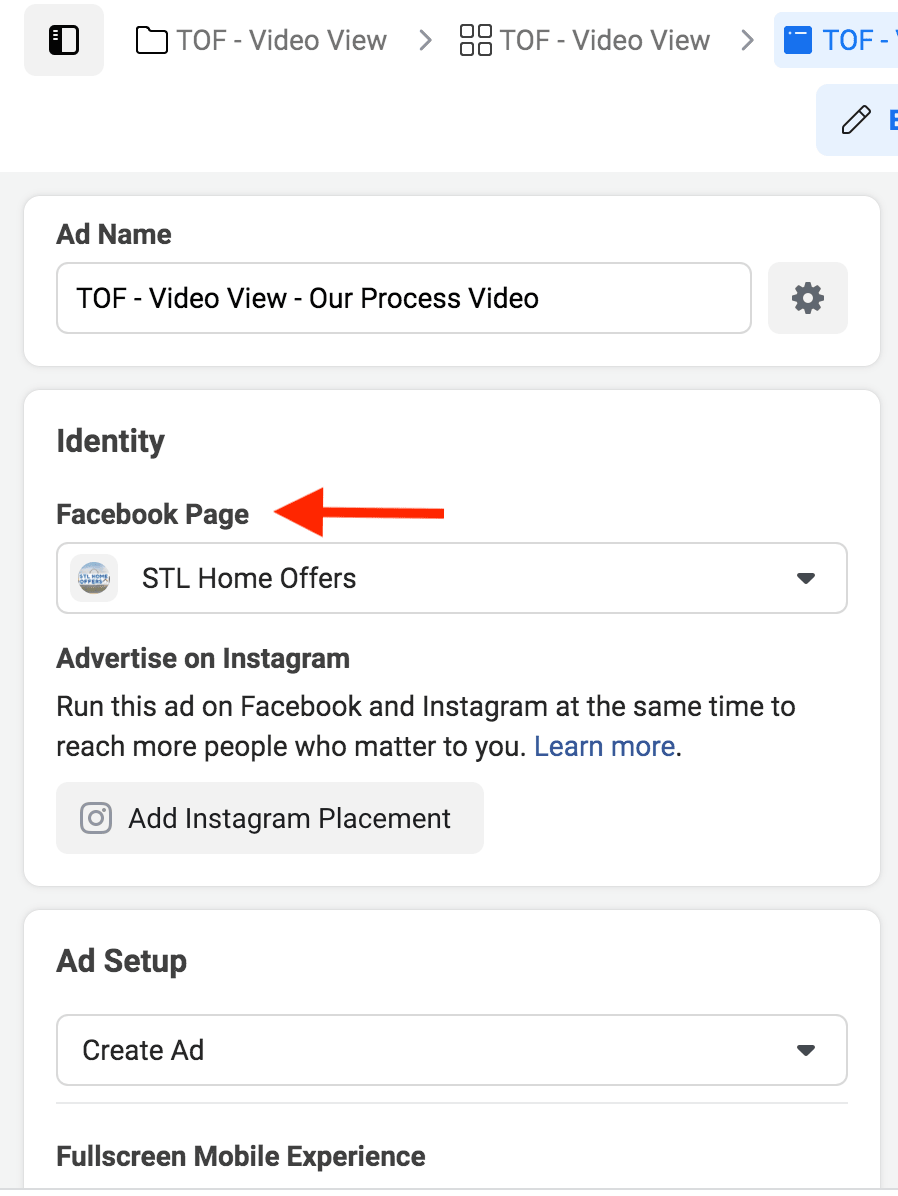 screenshot of where to check which Facebook page you're using. 
