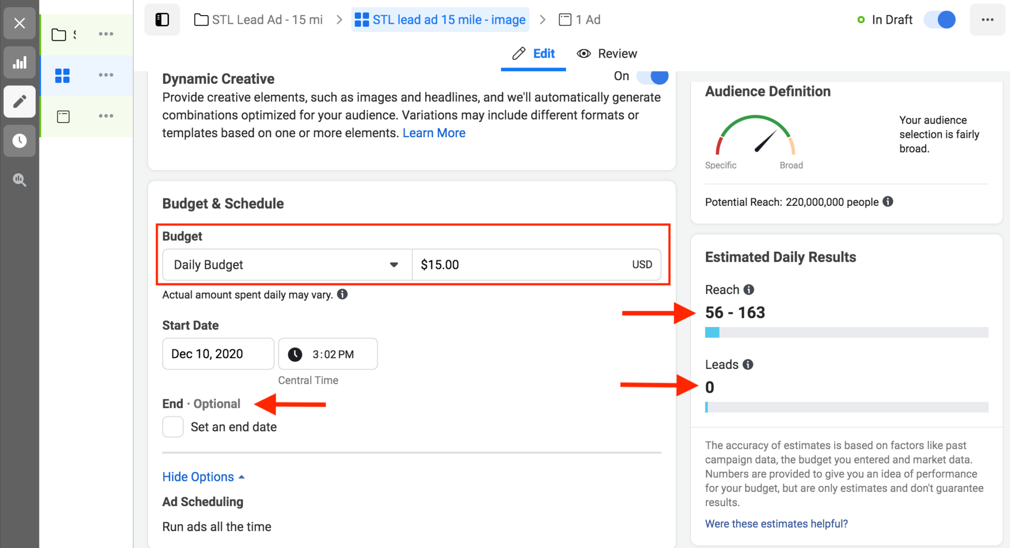 Screenshot of how to set your daily budget for your facebook lead ad. 