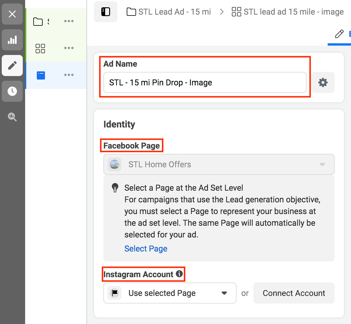 Screenshot of where to name your facebook lead ad, and how to ensure you're using the correct account to run the ad. 