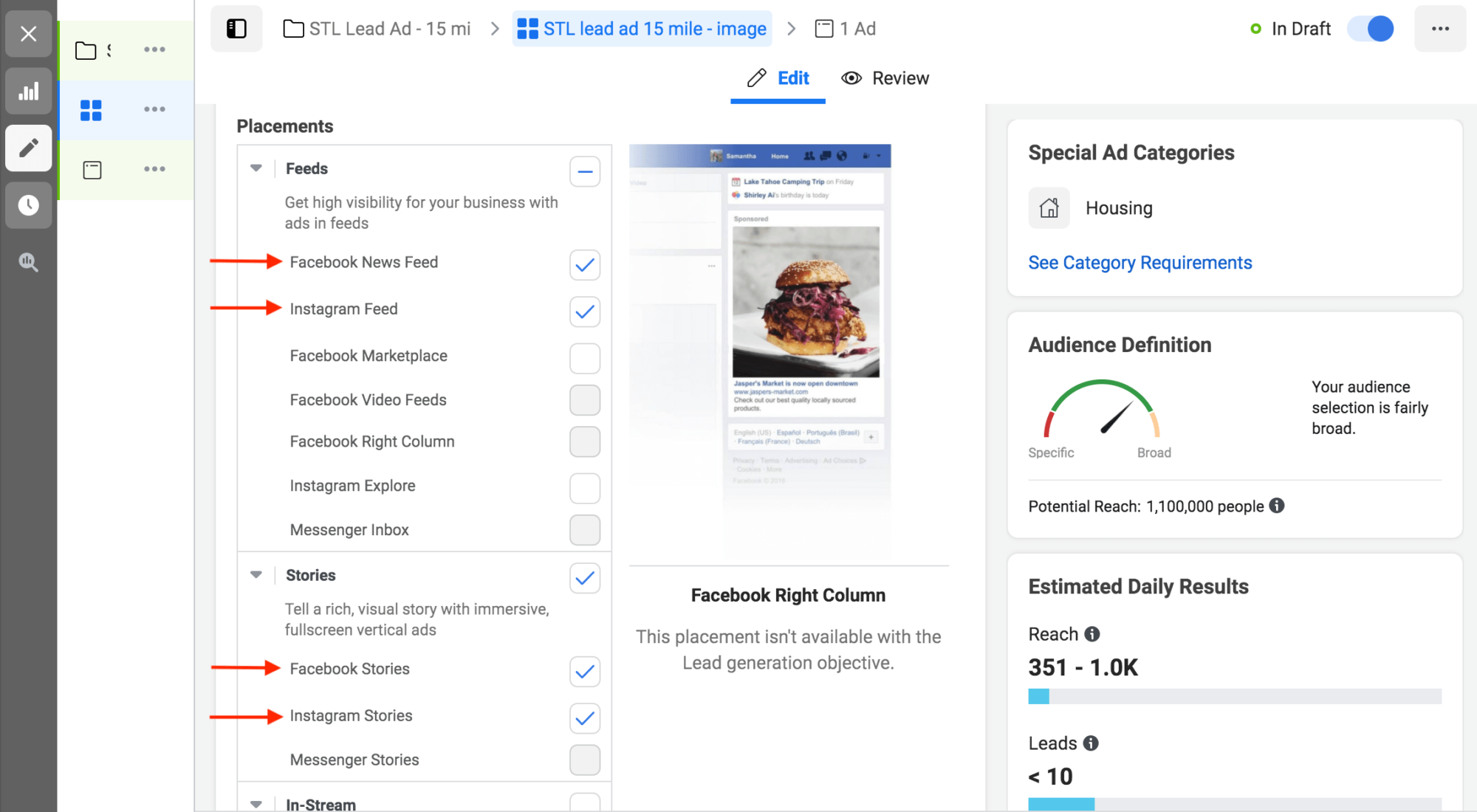 screenshot of how to select where you want your facebook lead ad to show up on the social media platform. 