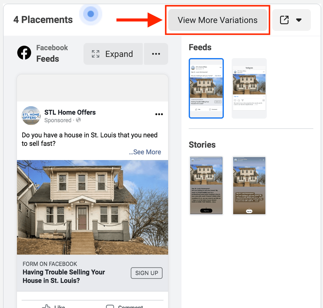 Screenshot of where to view additional variations of the automatically generated ad previews. 