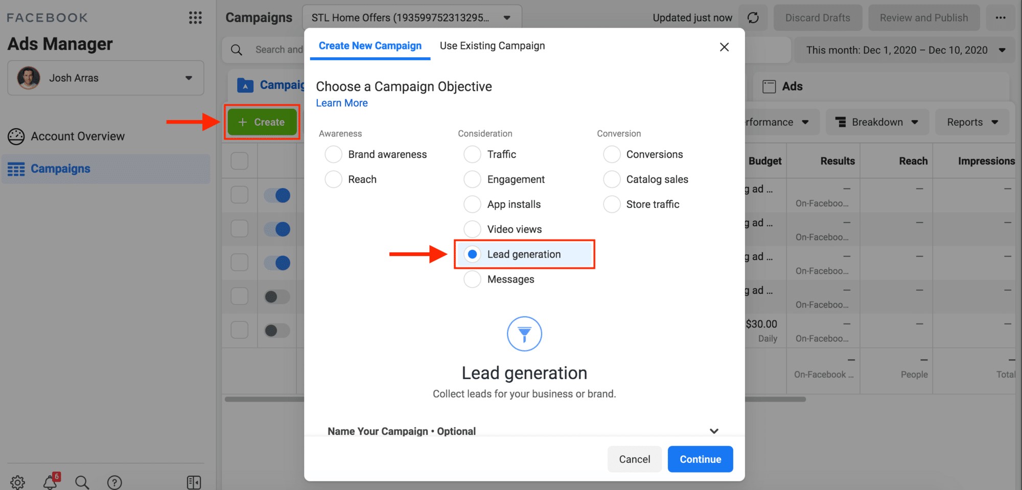 screenshot of where to select the type of campaign you want to run. 