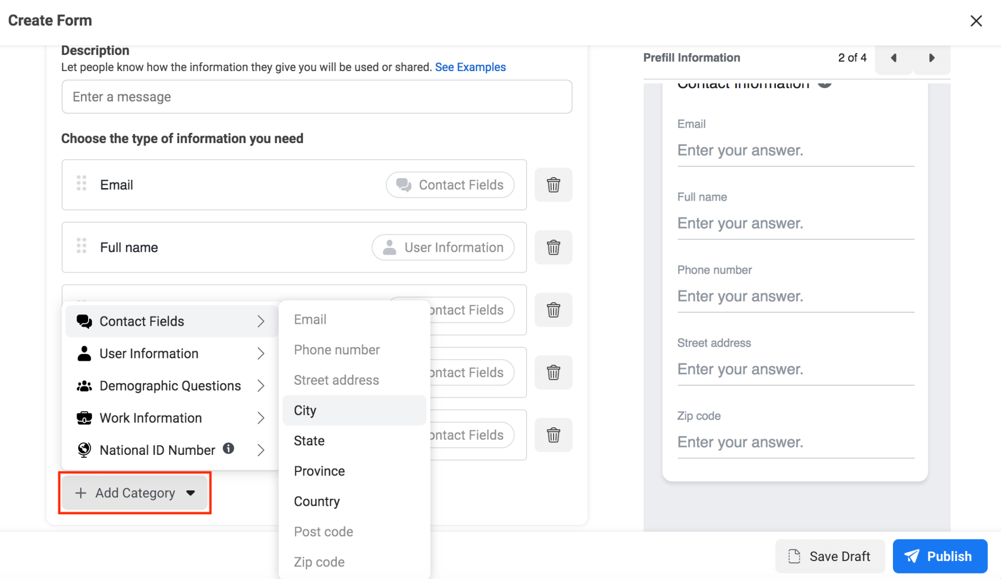 Screenshot of how to add to the information you'd like to ask leads on your form. 