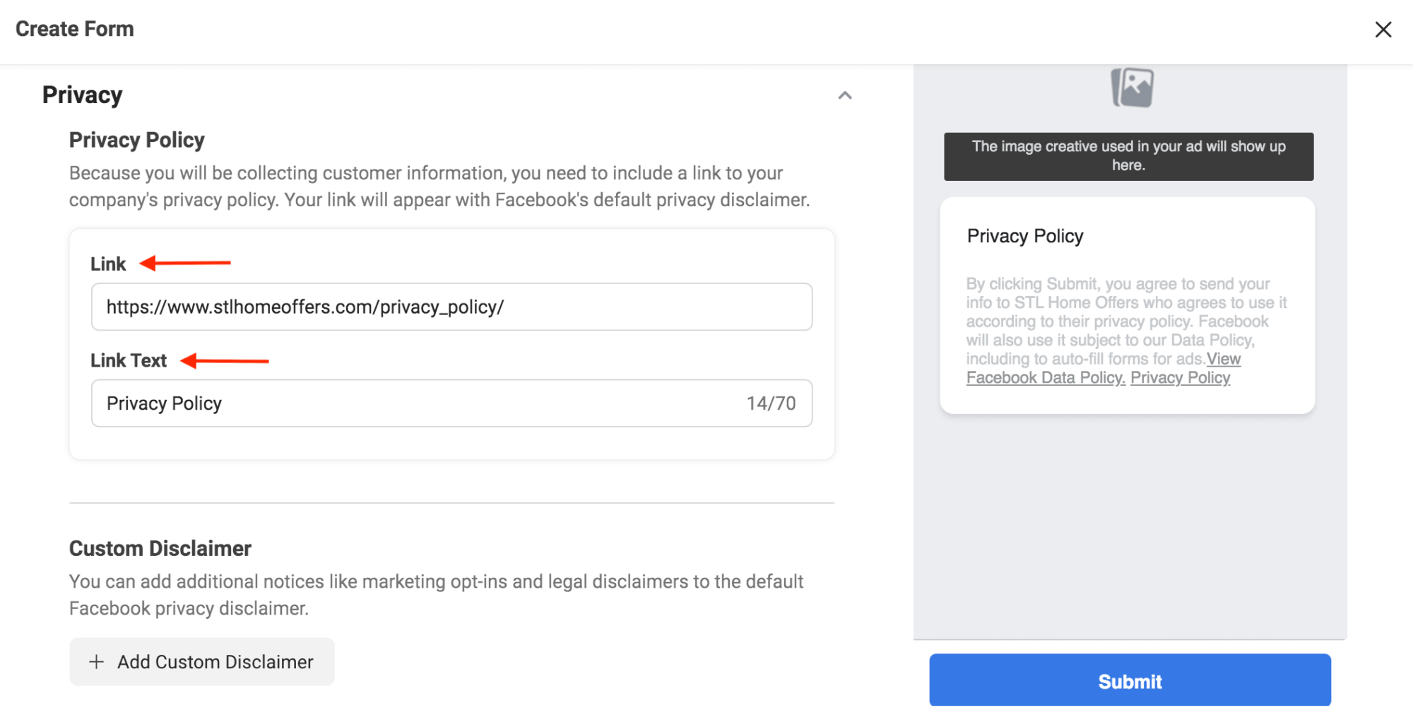 Screenshot of where to add the privacy policy URL on your Facebook Lead ad form