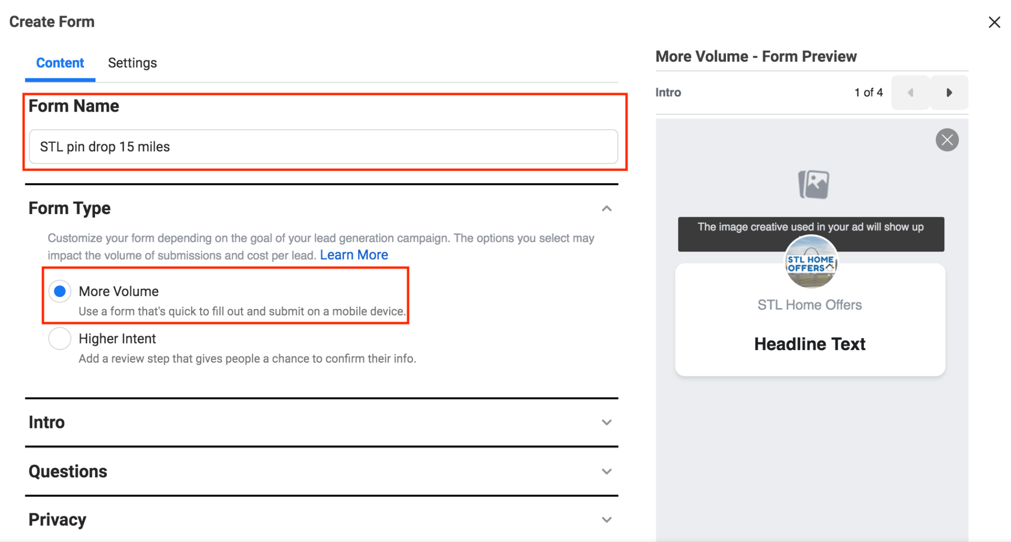 Screenshot of where to name your lead form and the select the form type. 