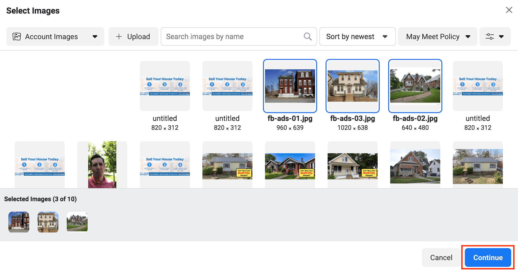 Screenshot of images being selected