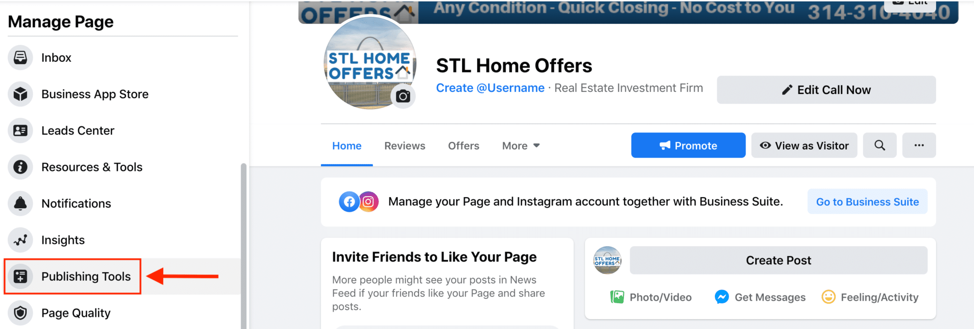 Screenshot of how to access your facebook lead ad forms library through publishing tools on your facebook business page. 