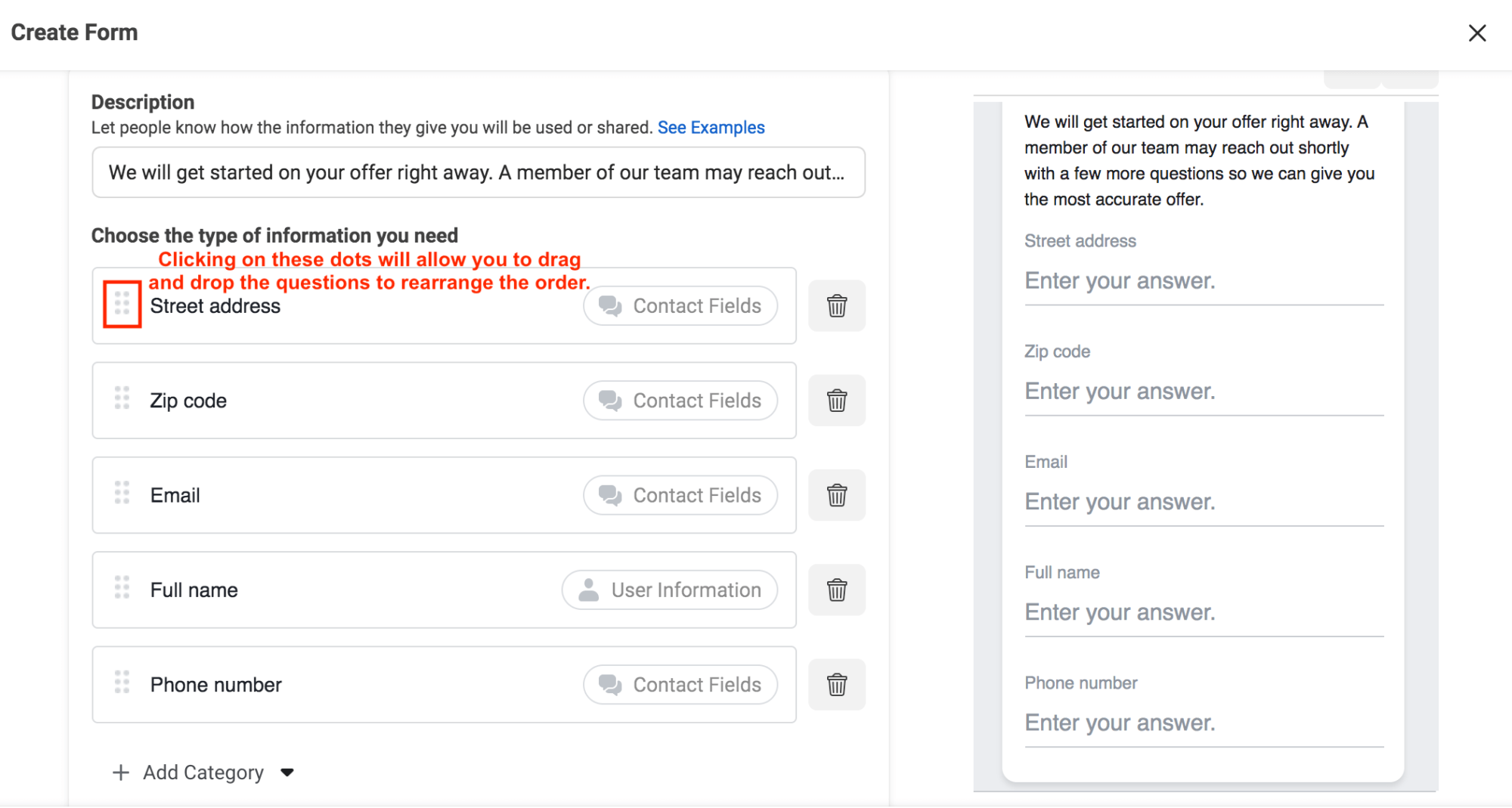 Screenshot of how to rearrange the order of the questions you're asking leads on your form. 