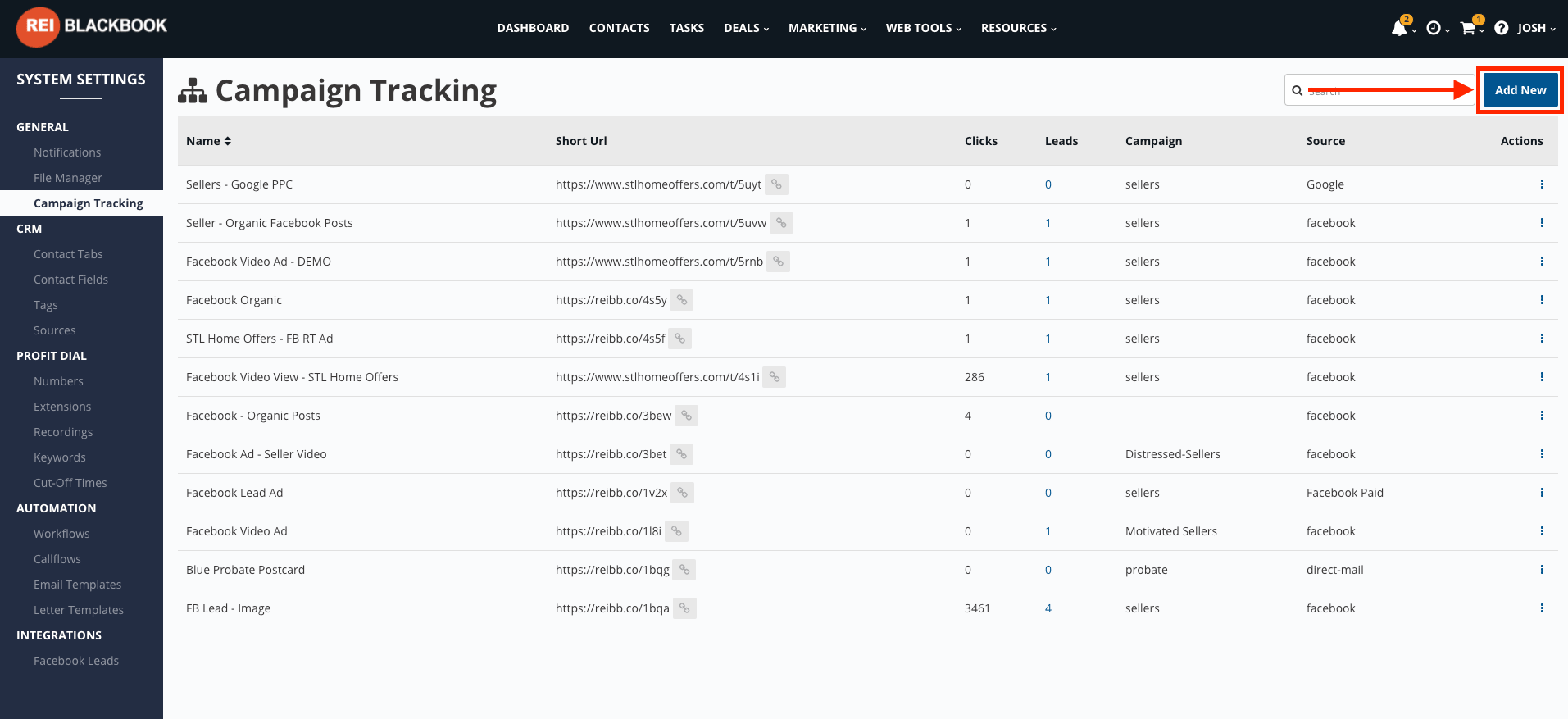 Select "Add New" to set up new marketing campaign tracking link