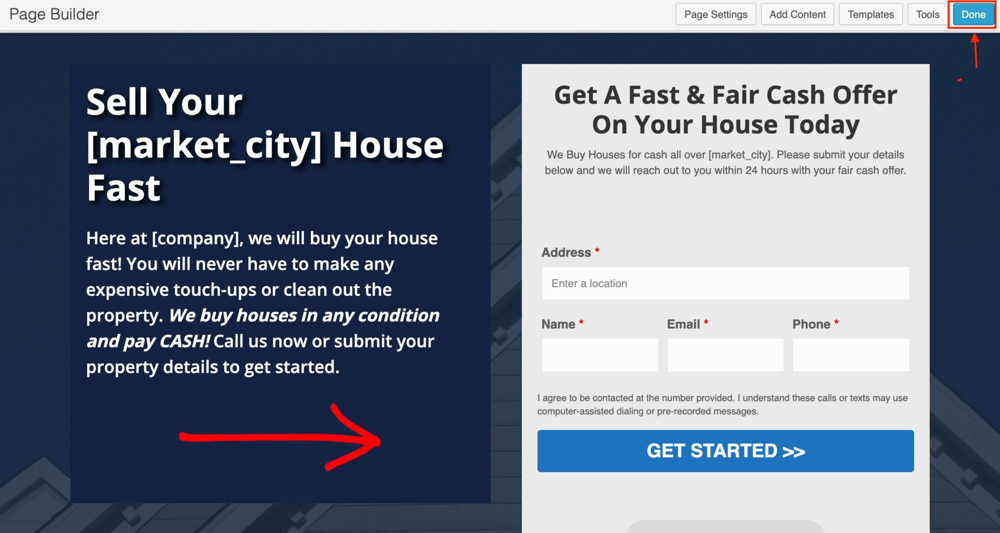 Click done to add the web form to your real estate investor website.