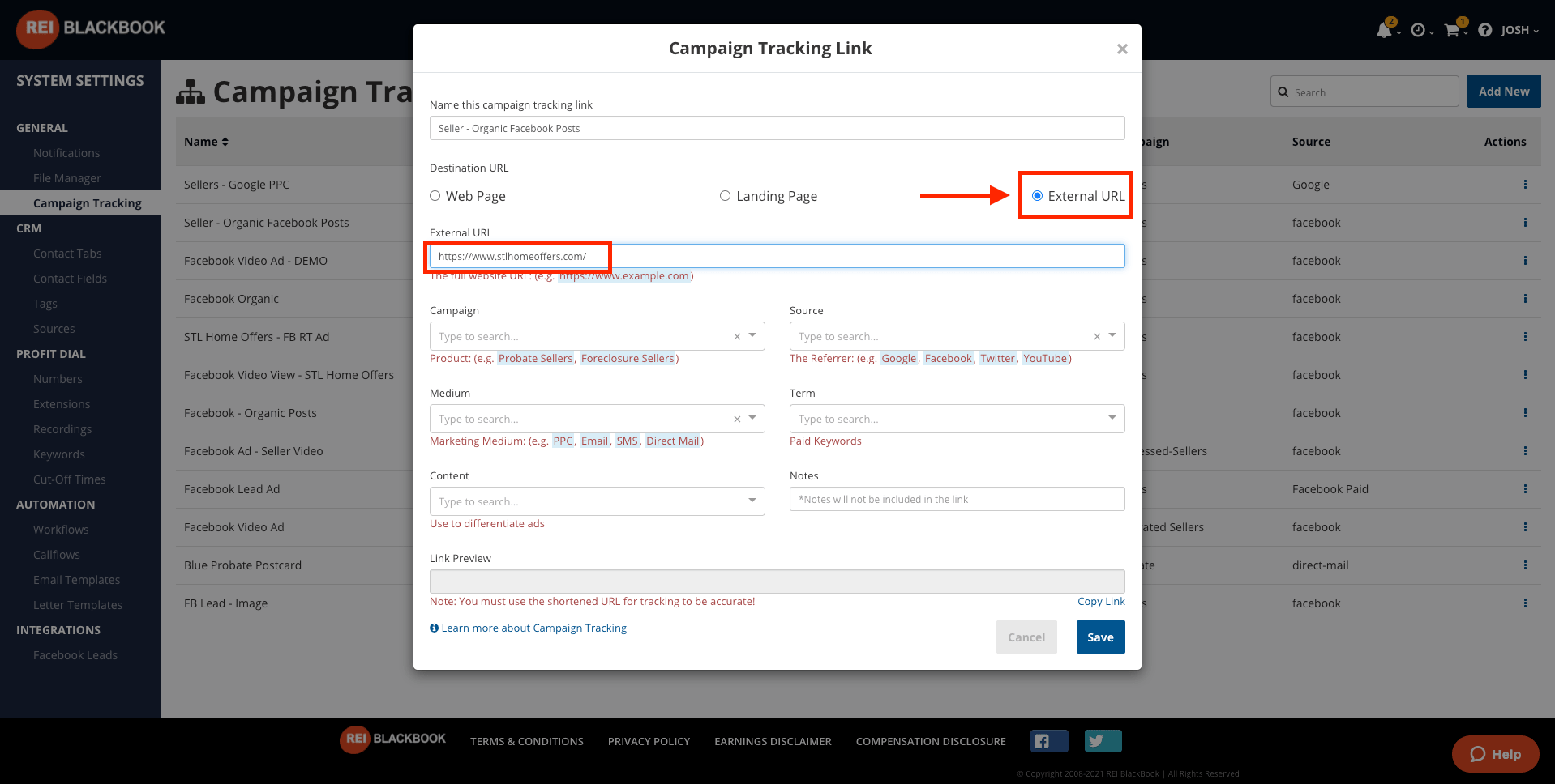 Setting up your marketing campaign tracking:  adding an external destination URL