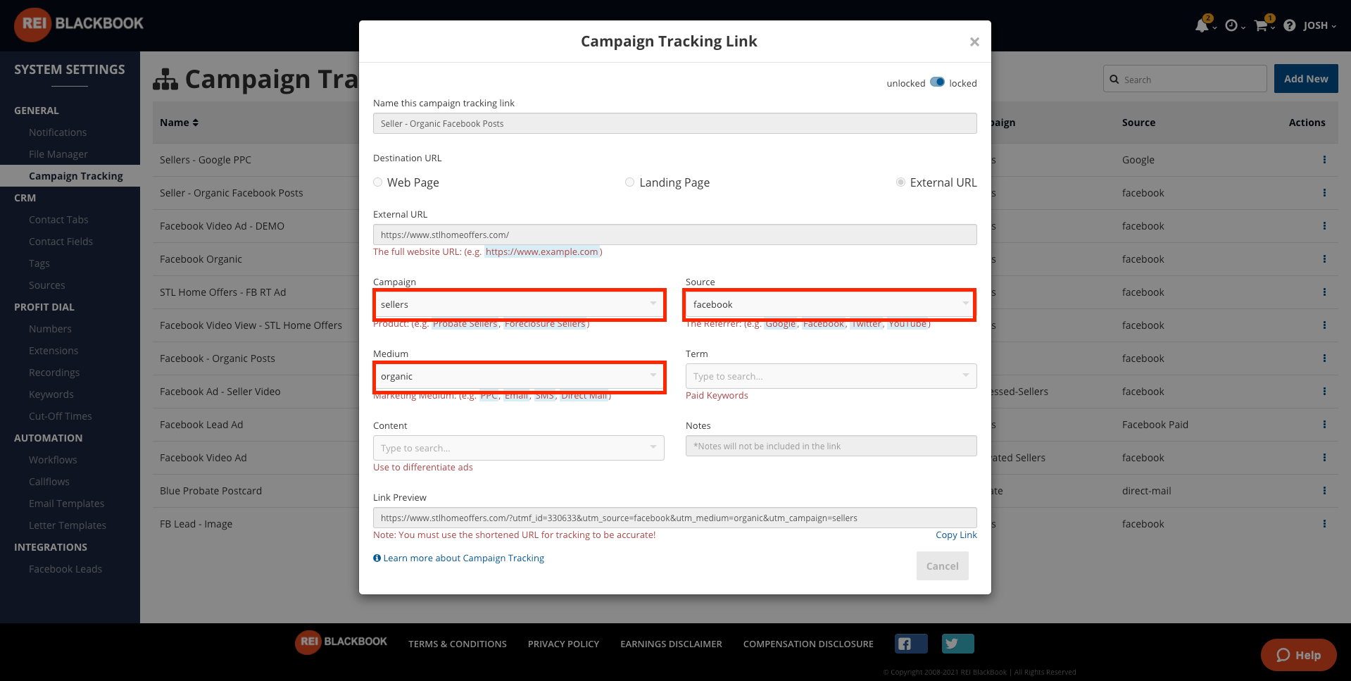 Setting up your marketing campaign tracking:  set all URL parameters inside REI Blackbook