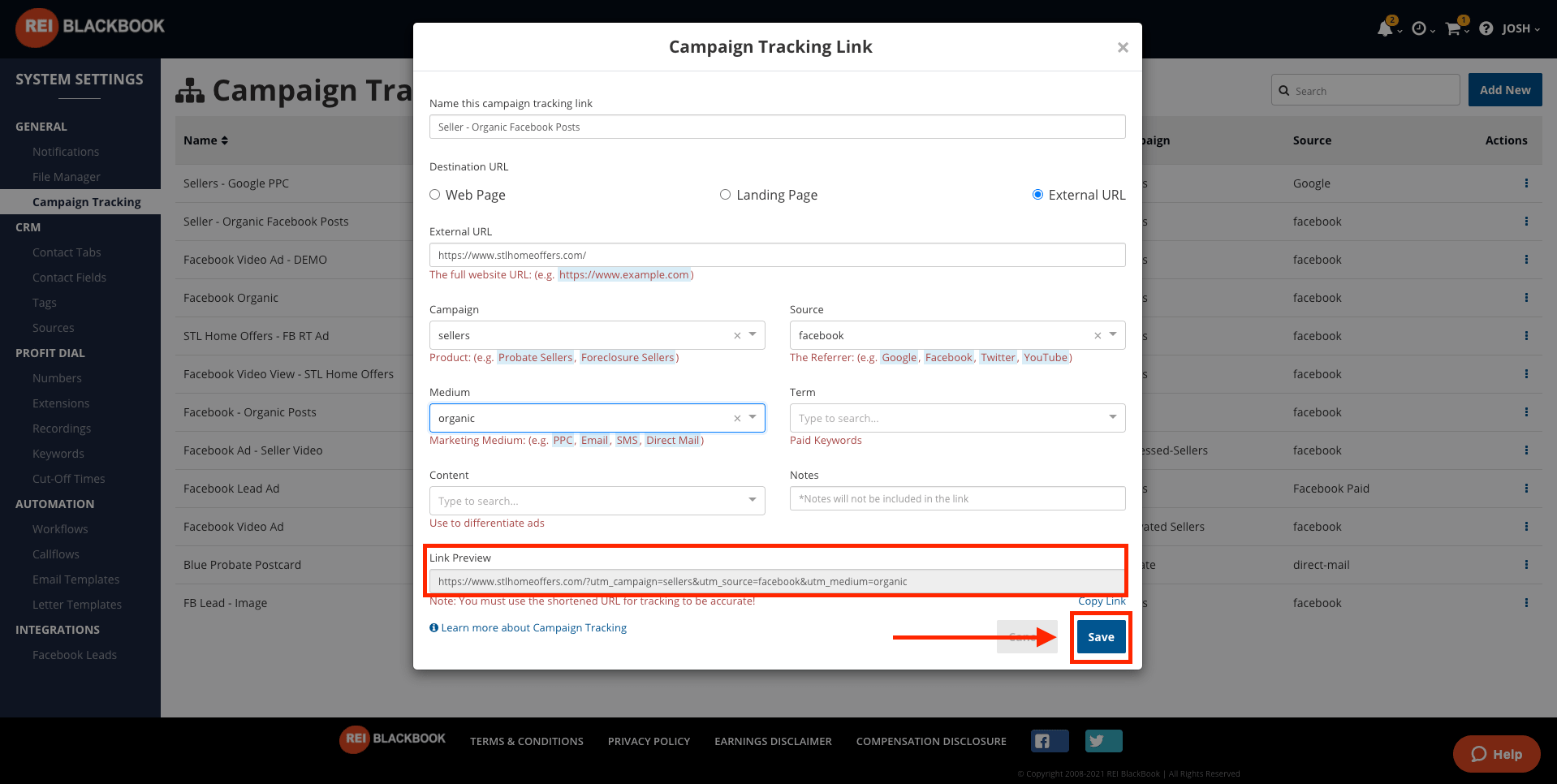 Setting up your marketing campaign tracking:  save your campaign tracking link