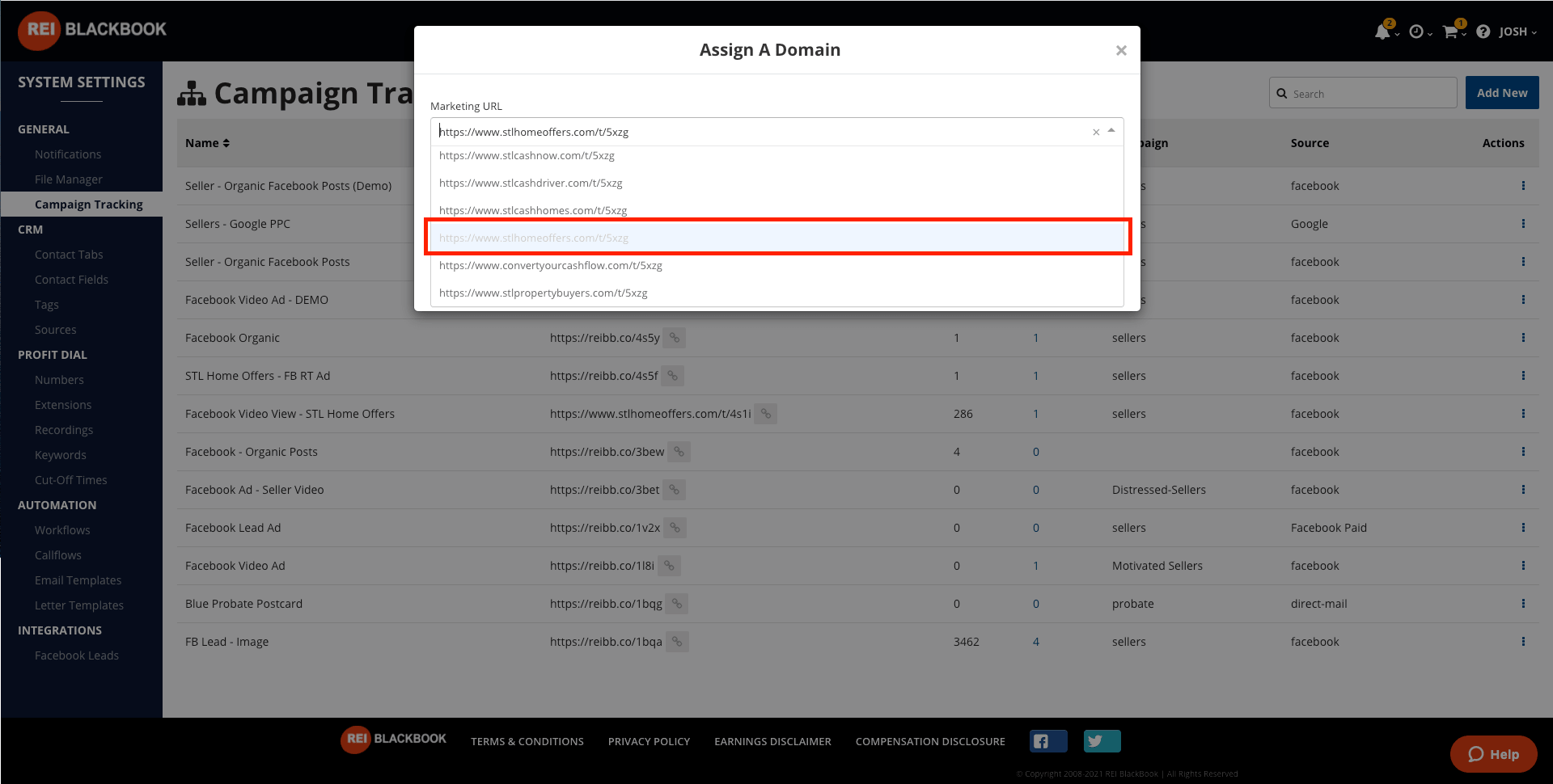 Setting up your marketing campaign tracking:  select your desired domain from the dropdown menu