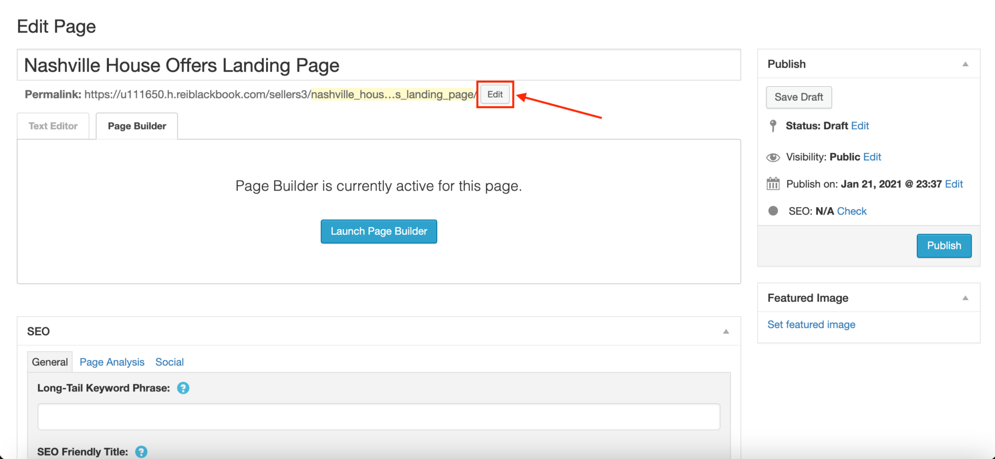 Click "Edit" to customize your landing page URL.