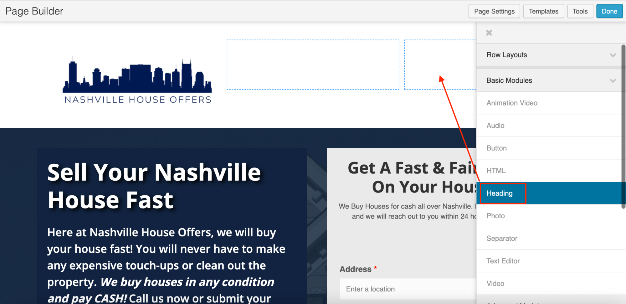 Drag a "Heading" block out to add a CTA to your landing page.