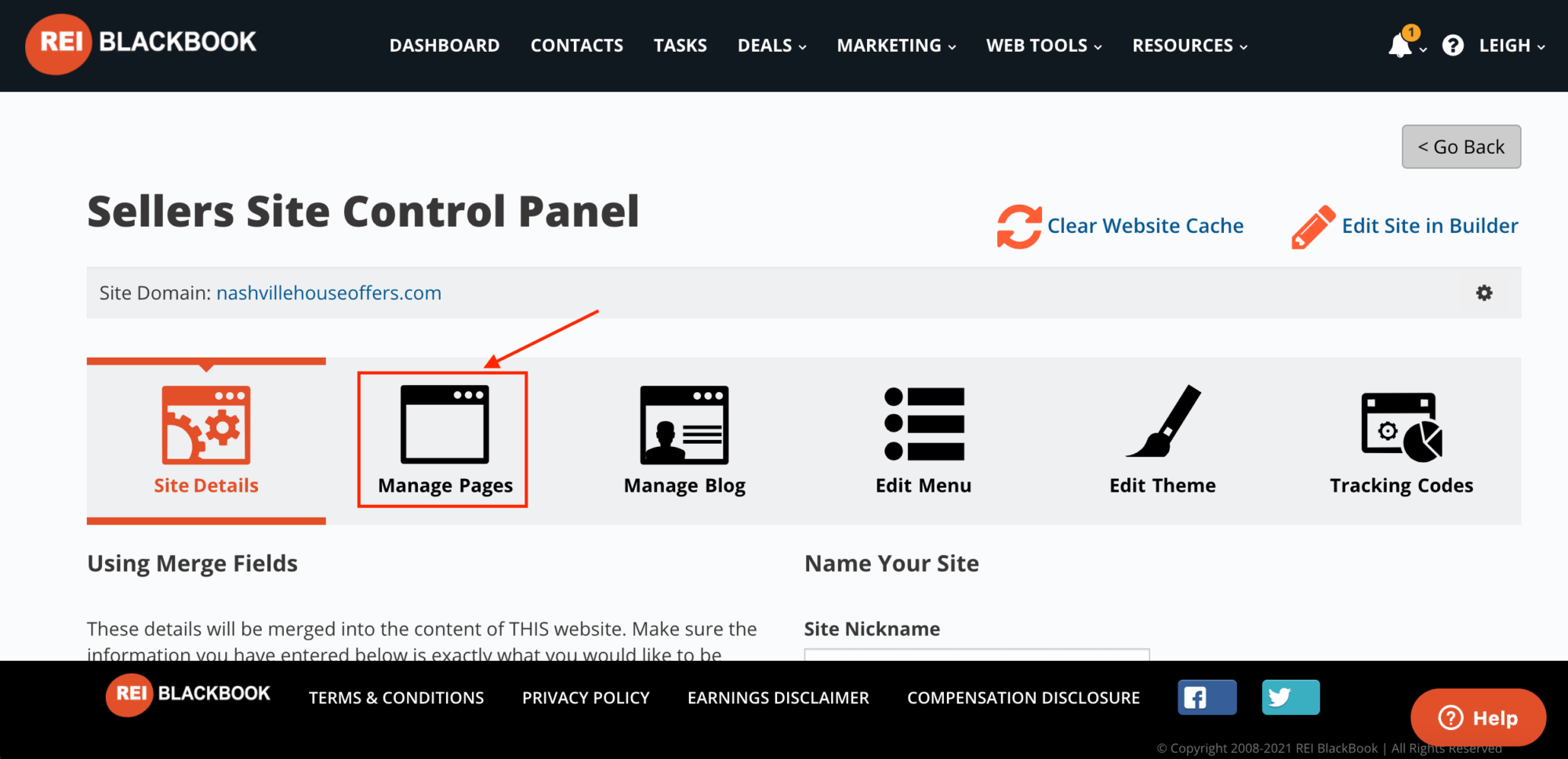 Click "Manage Pages" to create your landing page from the template.