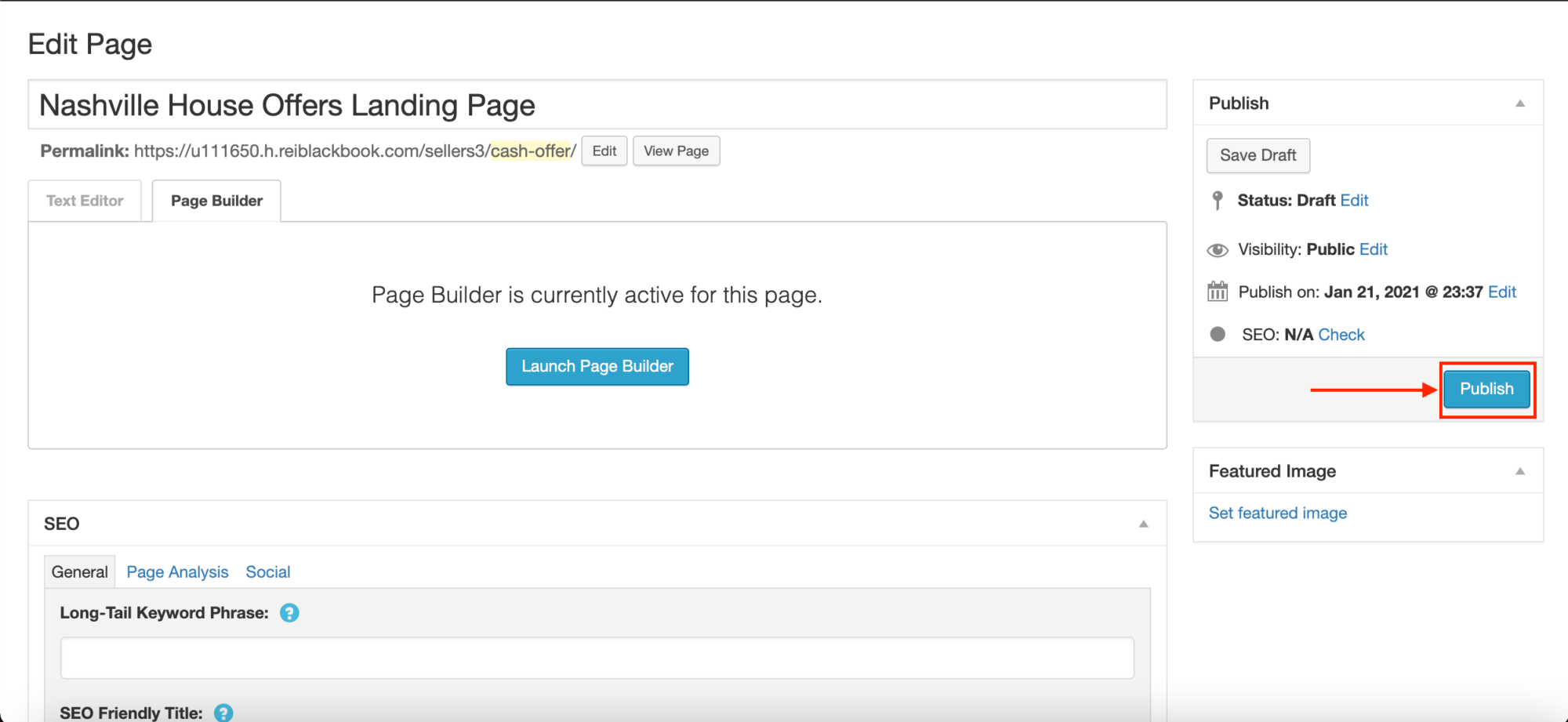 Click "Publish" to save your custom landing page URL.