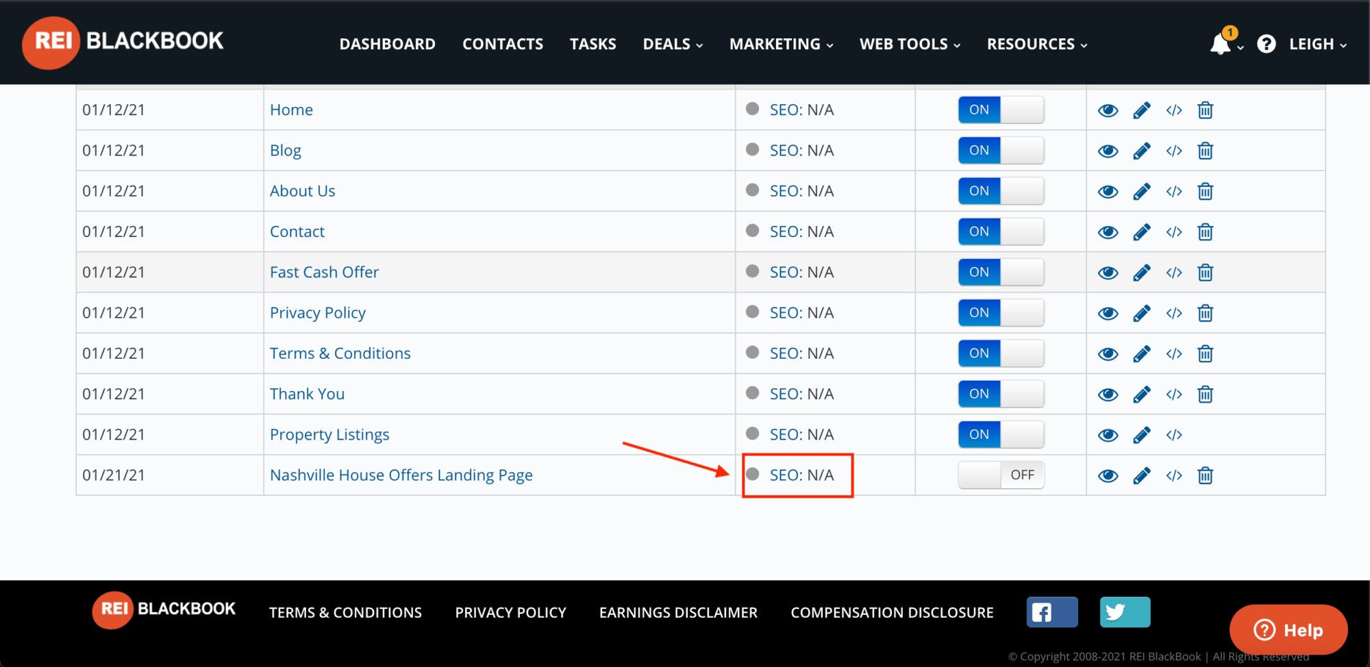 Click "SEO" to customize your landing page URL.