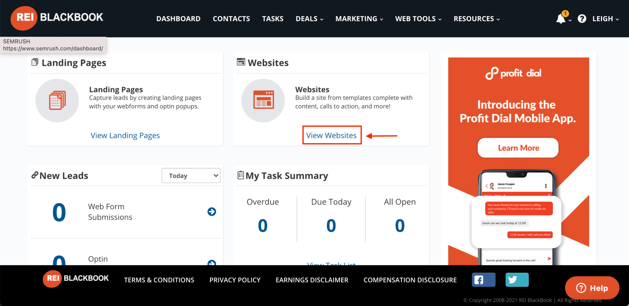 To create a landing page from your existing website template in REI Blakbook, click "View Websites" from the dashboard.